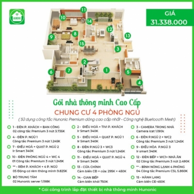 Trọn gói nhà thông minh HUNONIC cao cấp chung cư 4 phòng ngủ