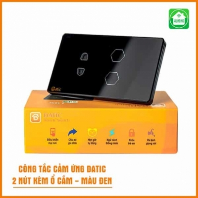 Công tắc cảm ứng Datic HUNONIC 2 nút kèm ổ cắm, màu đen