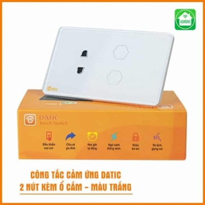 Công tắc cảm ứng Datic 2 nút kèm ổ cắm màu trắng