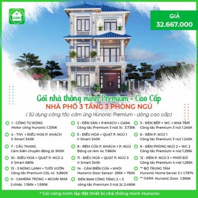 Trọn gói nhà phố thông minh cao cấp HUNONIC 3 tầng 3 phòng ngủ