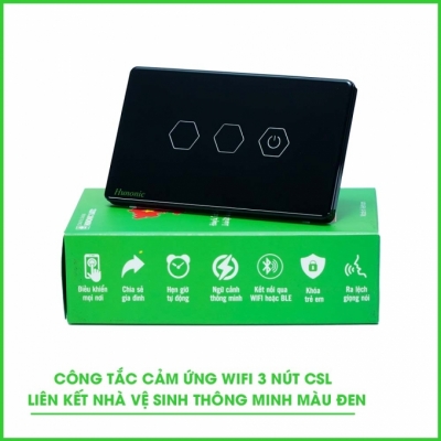 Công tắc wifi 3 nút liên kết nhà vệ sinh HUNONIC màu đen