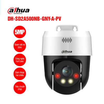 Camera Dahua DH-SD2A500NB-GNY-A-PV là dòng sản phẩm quay quét thông minh ngoài trời, sở hữu độ phân giải cao 5MP cho hình ảnh siêu nét và chi tiết. Với cảm biến 1/2.8″, tốc độ khung hình lên đến 30fps @ 2560×1920, sản phẩm mang lại trải nghiệm giám sát mượt mà, chân thực. Thiết bị tích hợp đèn hồng ngoại và đèn LED trắng cho tầm nhìn ban đêm lên đến 30m, đồng thời cho phép người dùng tùy chọn 4 chế độ hiển thị: Full Color, hồng ngoại, thông minh và tắt ánh sáng. Ống kính 4mm với góc nhìn 80.4° giúp bao quát tốt không gian giám sát. Camera được trang bị các tính năng xử lý hình ảnh hiện đại như: DWDR, BLC, 3D-DNR, chế độ ngày đêm ICR, đảm bảo hình ảnh rõ nét trong nhiều điều kiện ánh sáng. Công nghệ AI thông minh gồm hàng rào ảo, khu vực cấm, nhận diện người (Human Detection), SMD 3.0 và Smart Tracking giúp phát hiện và theo dõi mục tiêu chính xác. Bên cạnh đó, camera hỗ trợ đàm thoại 2 chiều, báo động chủ động bằng đèn chớp và còi hú tùy chỉnh, lưu trữ qua thẻ nhớ tối đa 256GB, kết nối mạng dây với PoE, và dễ dàng điều khiển qua ứng dụng DMSS và SmartPSS Lite. Với chuẩn IP66, sản phẩm được thiết kế bền bỉ, chống nước và chống bụi, phù hợp lắp đặt ngoài trời trong mọi điều kiện thời tiết.